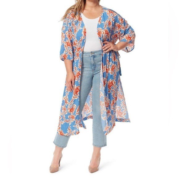 NWT JESSICA SIMPSON Laila Floral Longline Kimono Rope Tassel Cinched Waist, 1X