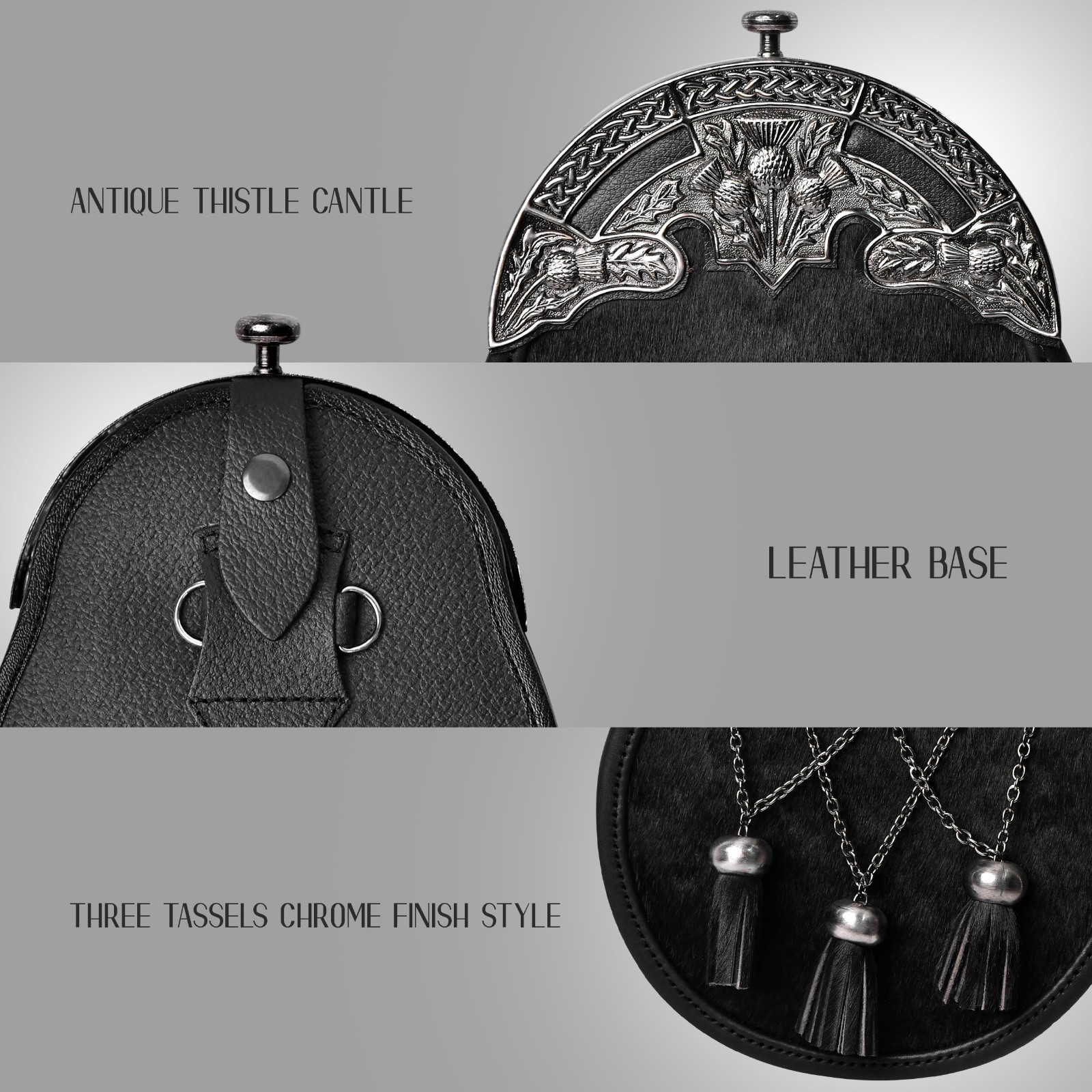 Premium Leather Quality Scottish Bovine Sporran with Chain Belt Antique Thistle