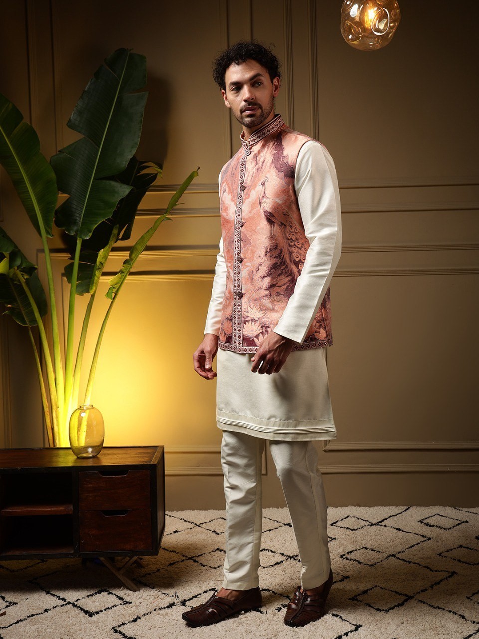 Mens Indian Kurta Pajama Koti Set Silk Embroidered Wedding Party Ethnic Wear