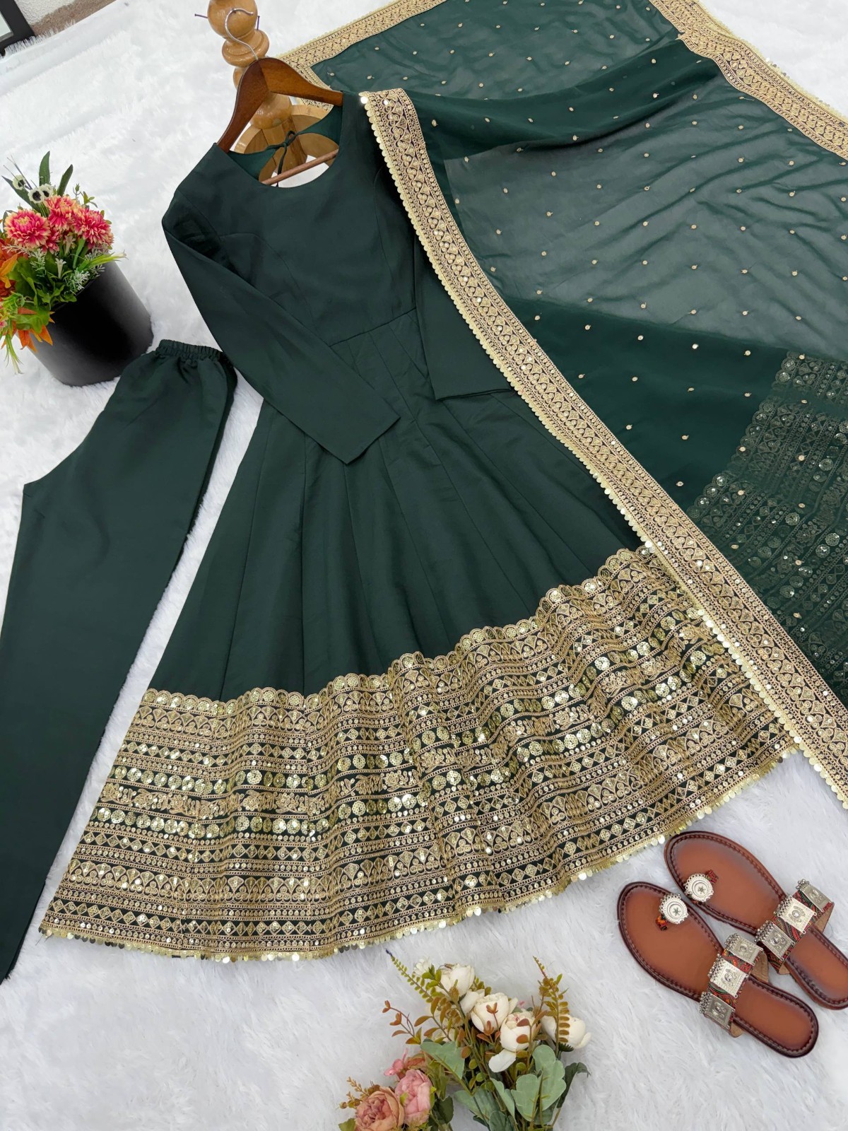 Heavy Roman Silk Green Gown Bottom With Dupatta For Function & Festival Wear