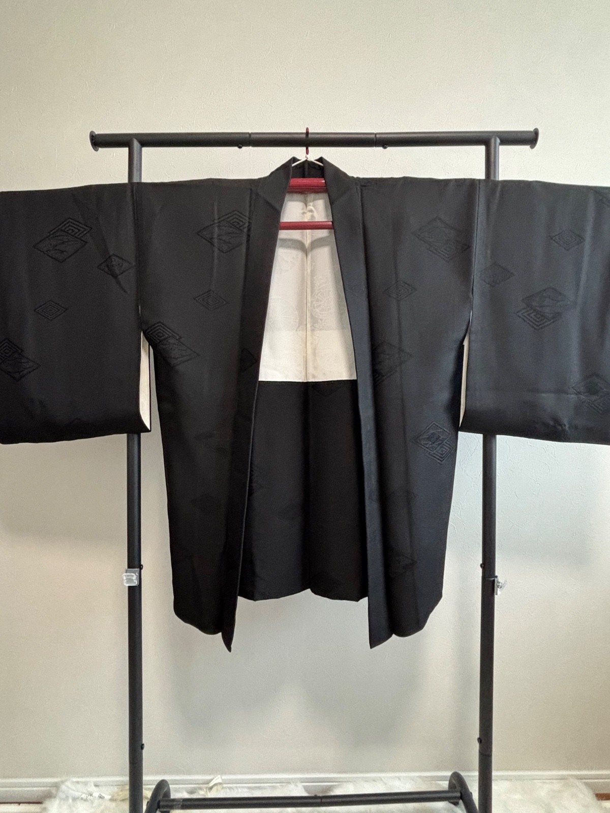 Vintage Japanese Black Haori Kimono Jacket Tonal Geometric Pattern from Japan