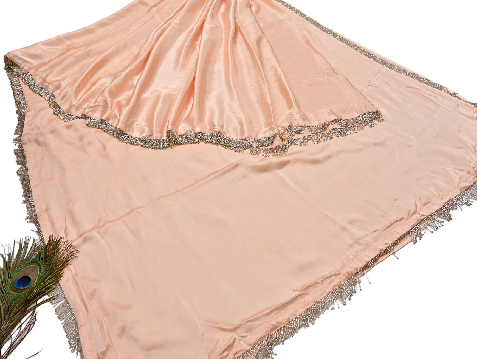 Rare Vintage Peach Pure Satin Silk Saree Hand Embroidered Fabric 5.5 Yards Sari