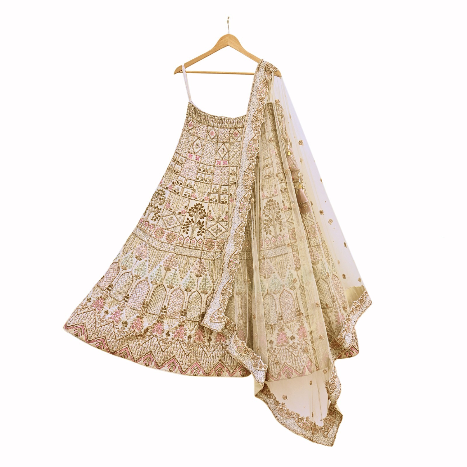 Indian Heavy Wedding Ivory Raw silk/Net Hand Embroidered Lehenga Set of 2pcs