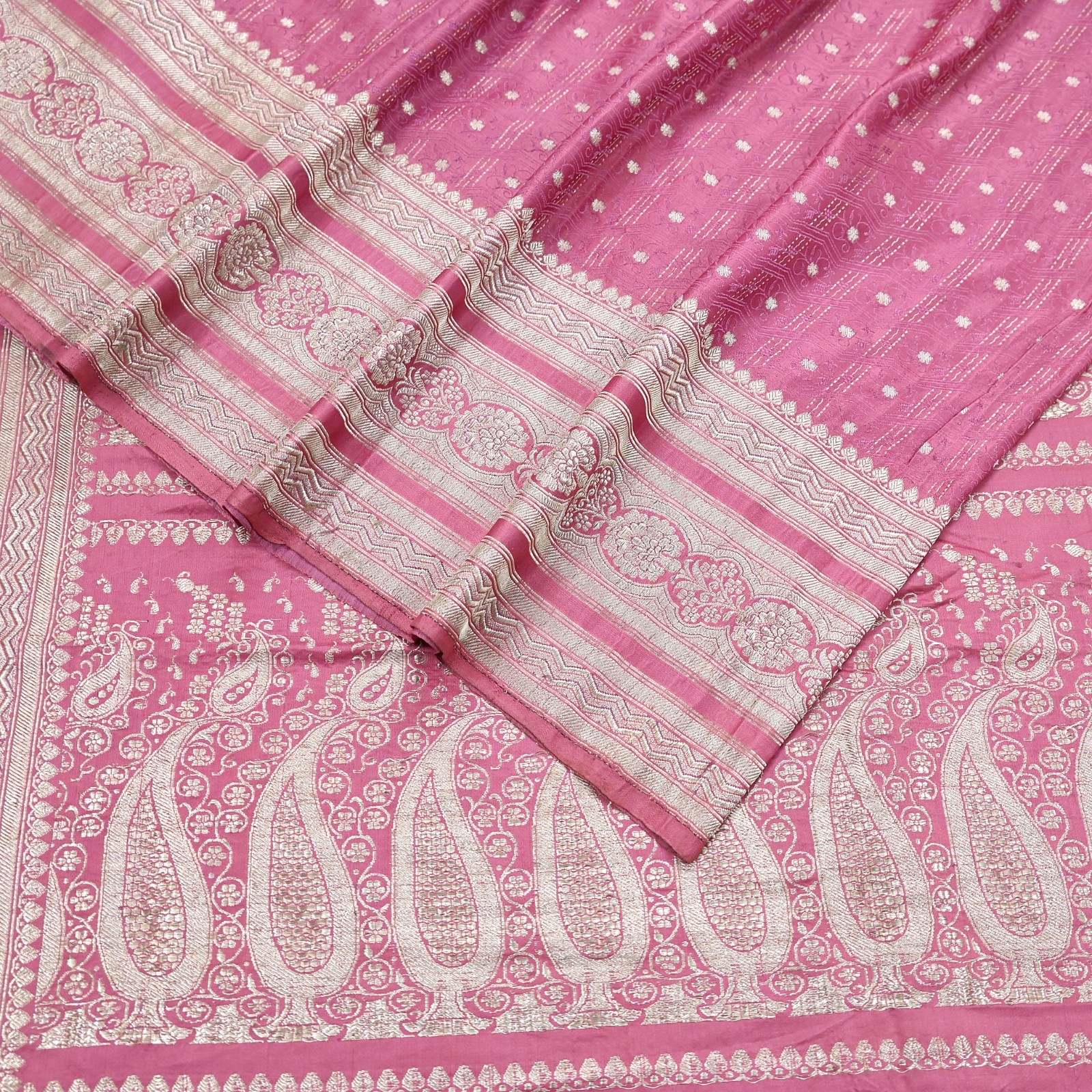 Indian Vintage Sari Heavy Pink Pure Satin Silk Woven Brocade Banarasi Sari 5yd