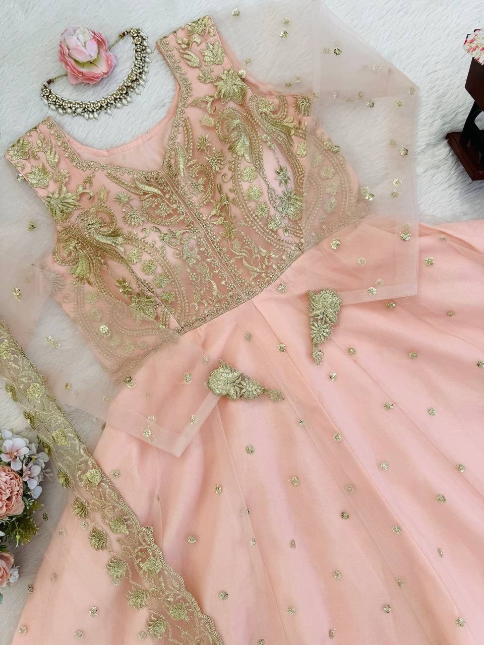 Stunning Faux Georgette Peach Top Lehenga With Dupatta For Wedding & Party Wear