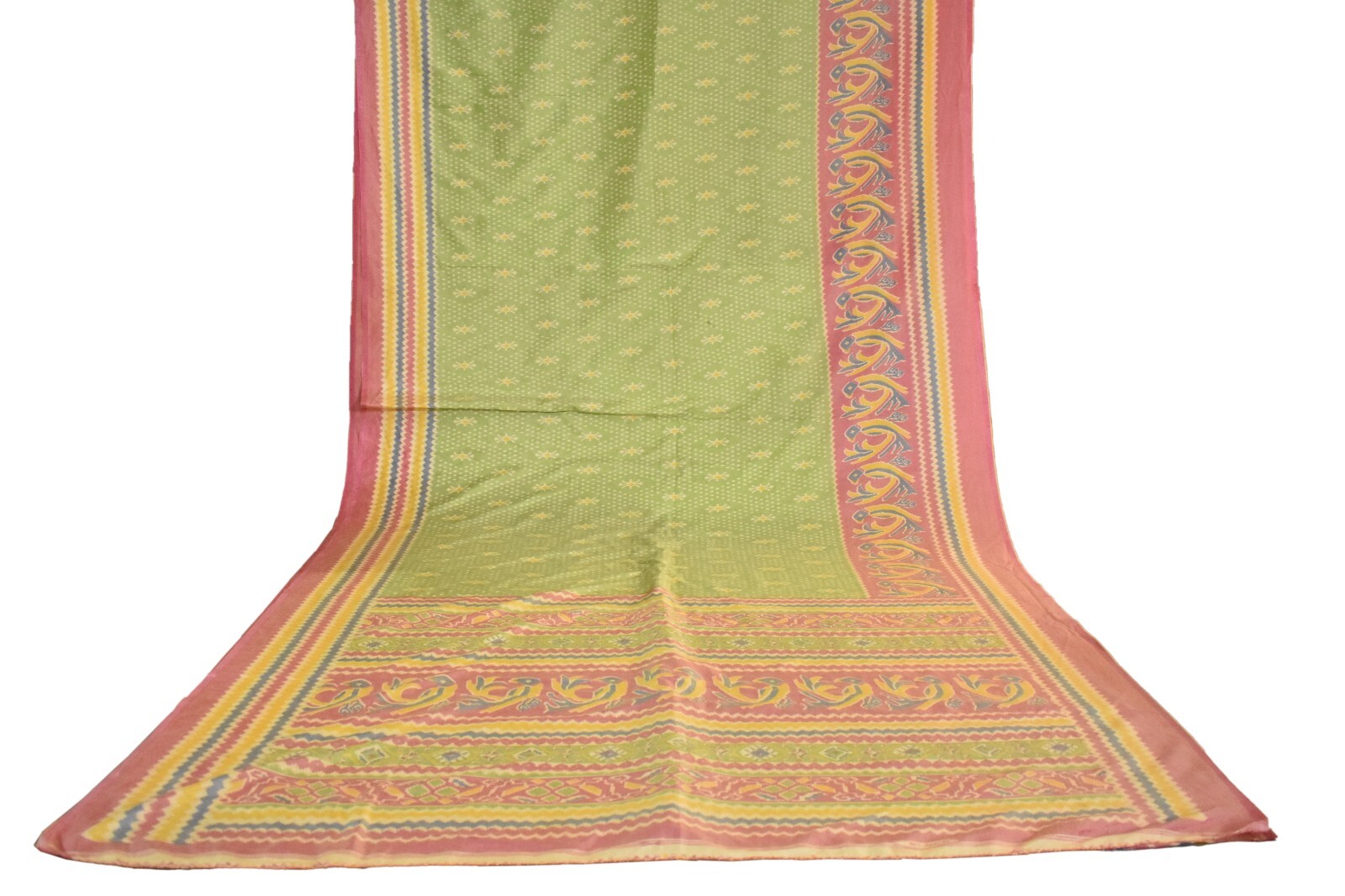FNC Vintage Green Sambalpuri Ikat Sarees Handwoven Art Silk Sari Fabric Antique