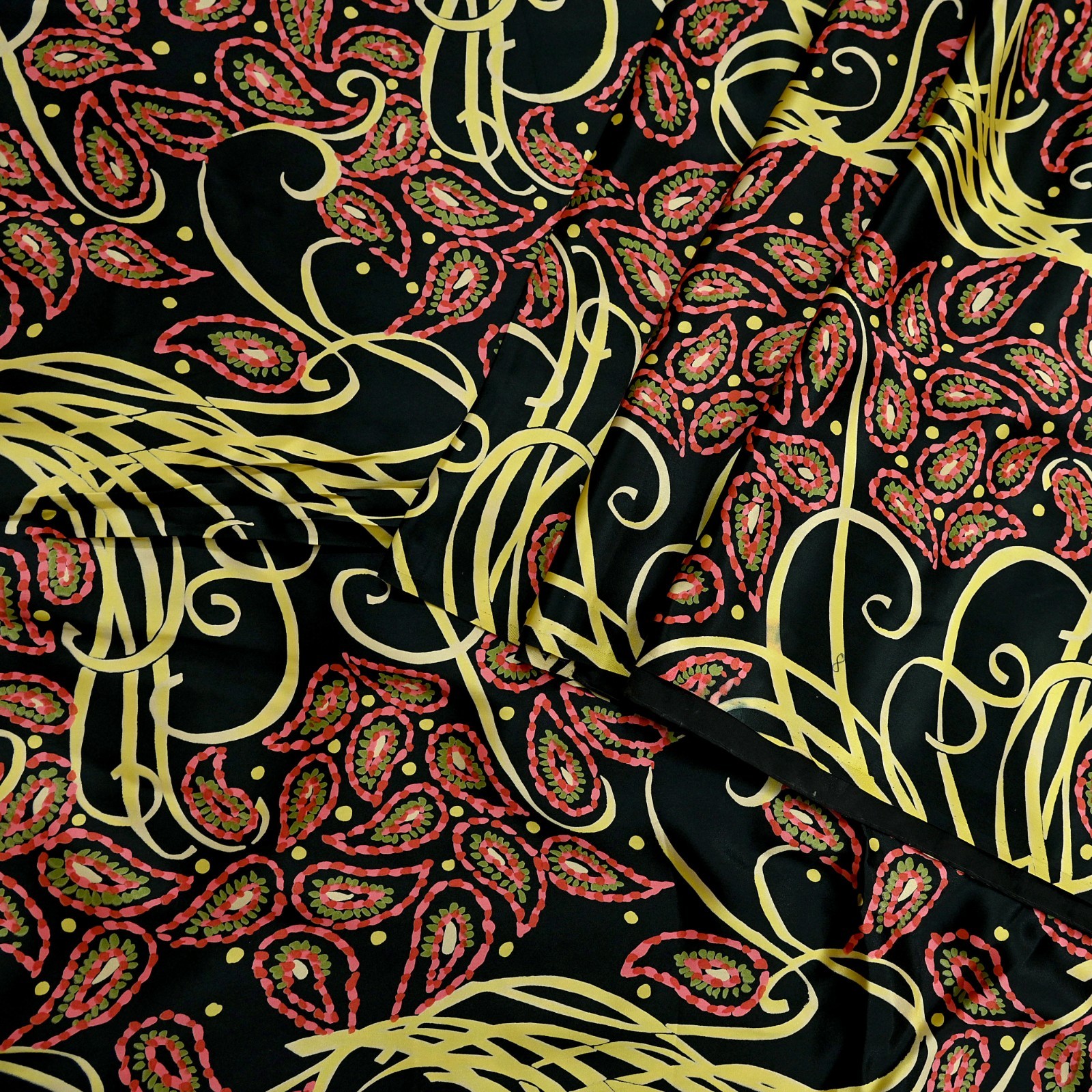 Indian Vintage Saree Black Satin Printed Sari 6yd Sewing Soft Craft Fabric