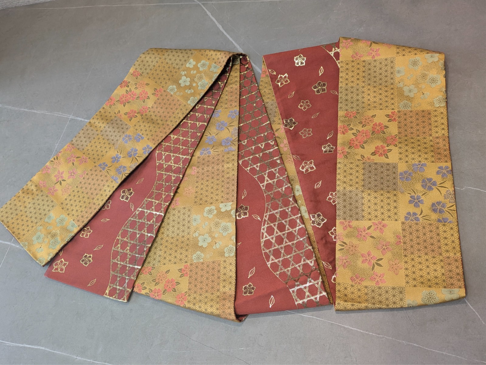 Japanese Kimono Half Obi Gold Red Reversible Floral Geometric Washable Material