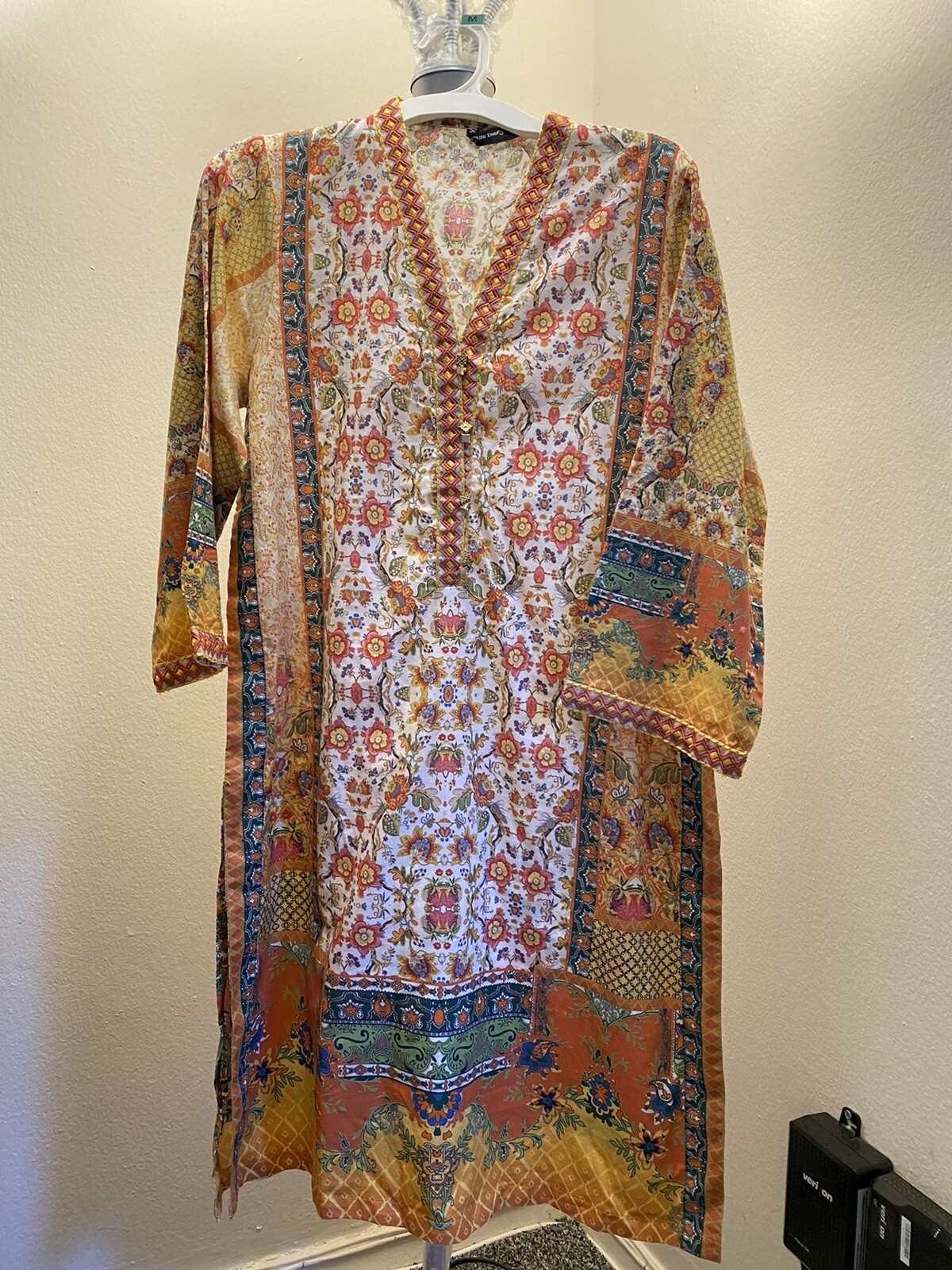 Pakistani Multicolor Orange And White Cotton Kurta with Floral prints