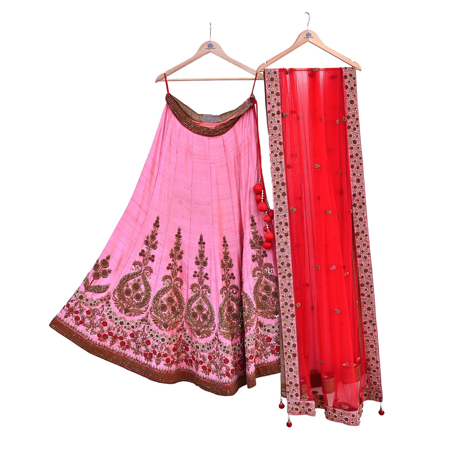 Indian Heavy Pink Red Raw Silk & Net Hand Embroidered Designer Lehenga 3pcs Set