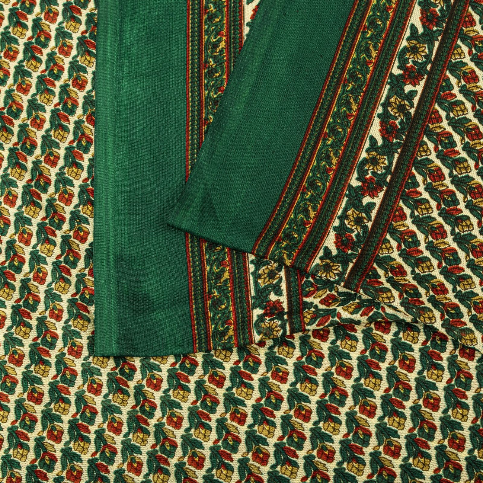 Sanskriti Vintage Green Moss Crepe Saree Kalamkari Printed Floral Fabric 5Ydsari