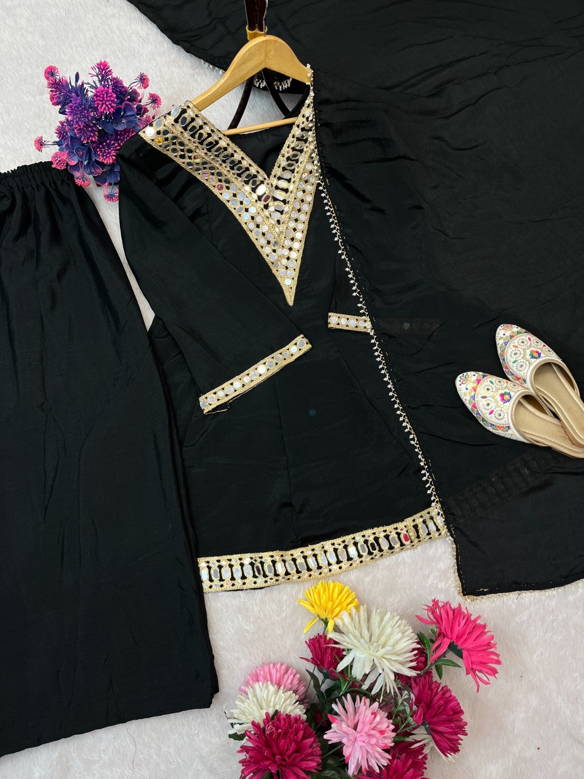 FESTIVAL SPECIAL REAL MIRROR WORK ON SILK FABRIC TOP AND PLAZZO WITH DUPATTA SET