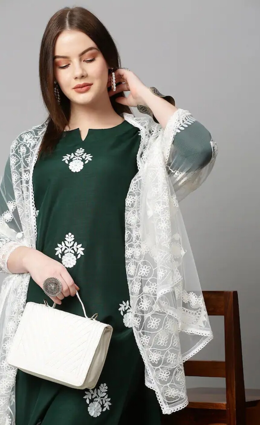 Indian Wear ; Ethnic Motifs embroidered thread work Kurta Palazzo and dupatta