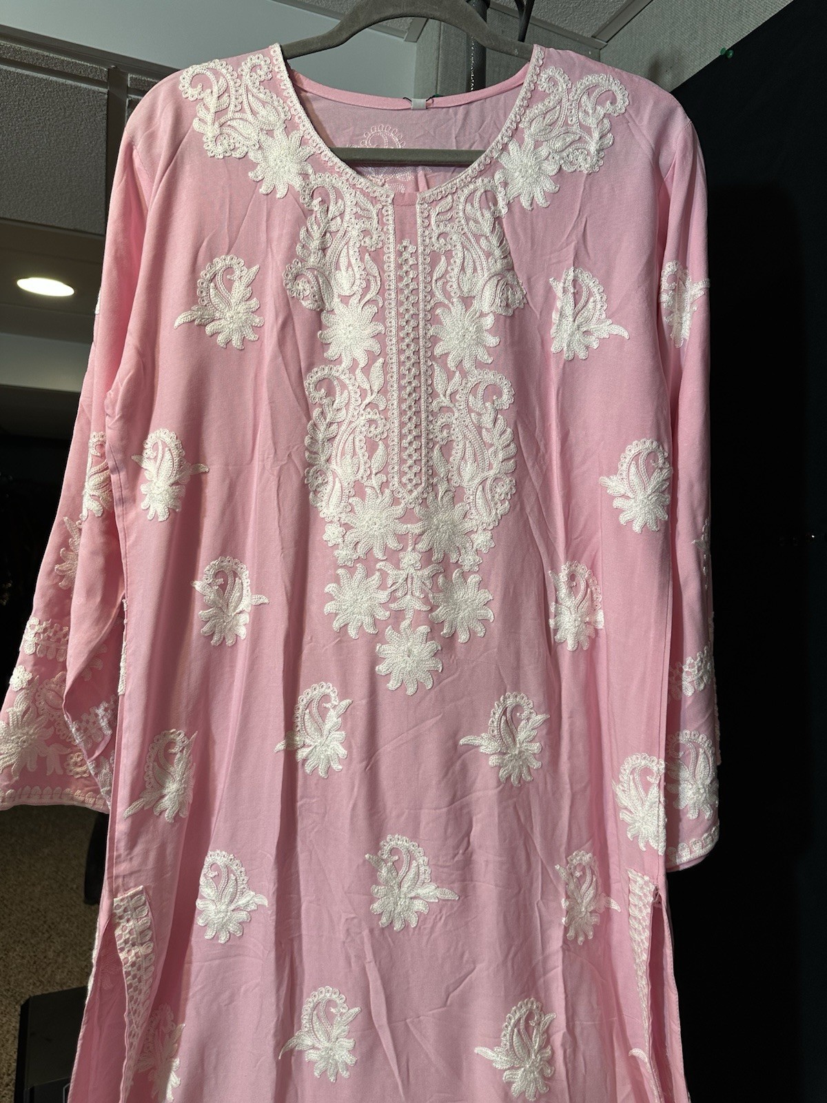 Beautiful soft linen Front & back emb-3 pc suit-emb plazo, laced dupatta-$44