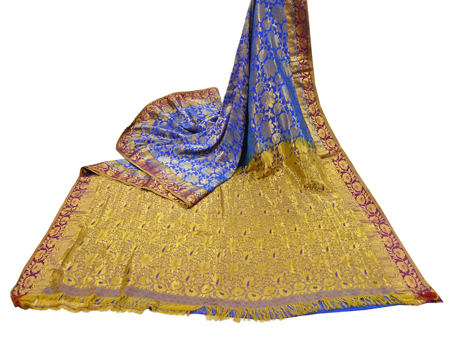 Indian Vintage Heavy Royal Blue & green Kanjivaram Saree 100% Pure Silk Sari 5yd