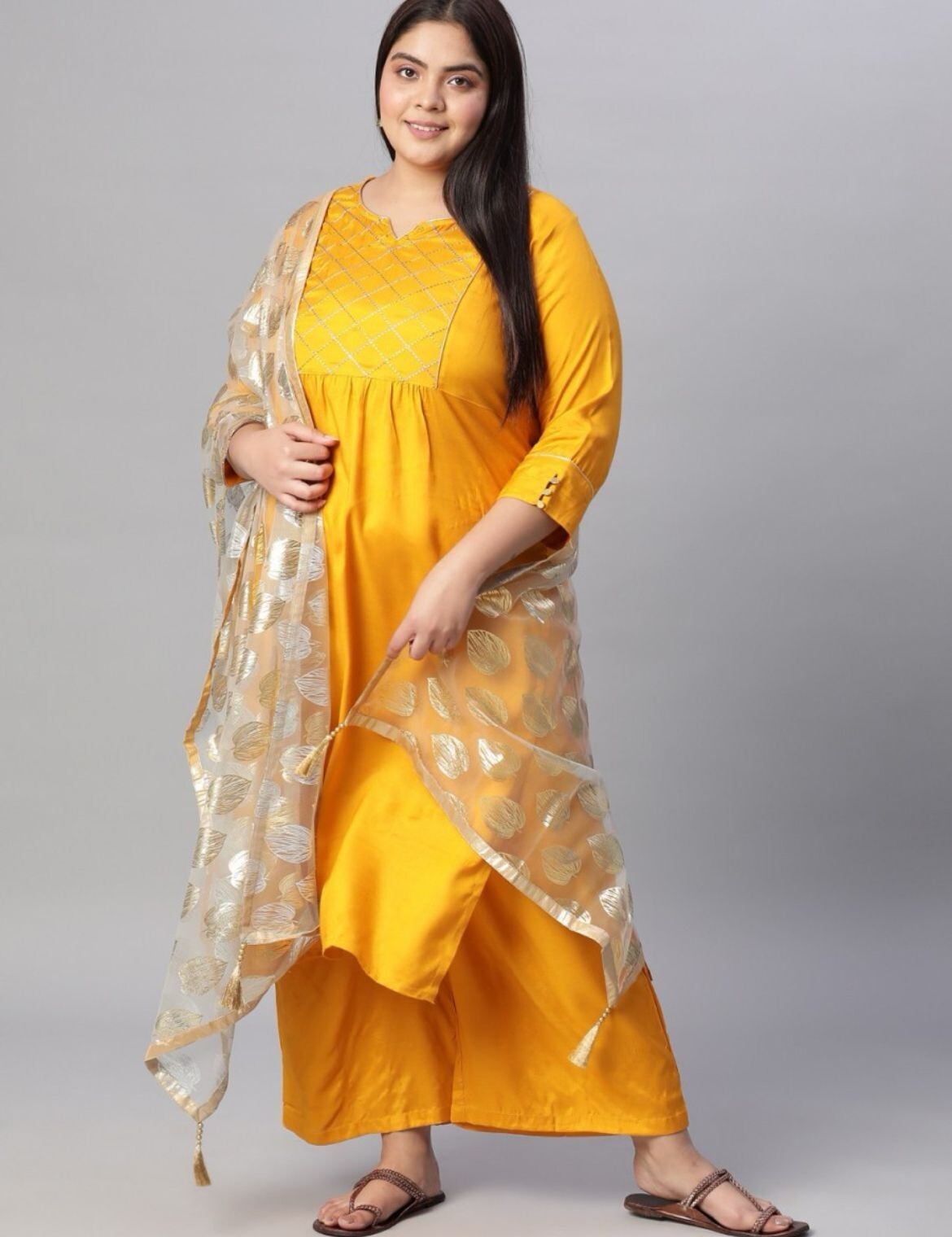 Women Yellow Plus Size Silk Anarkali Kurta With Pants & Dupatta, 3 Piece Dress