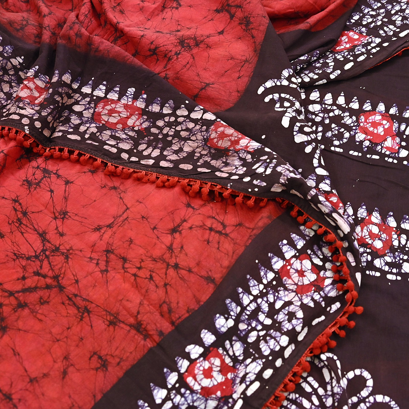 Indian Vintage Sari Red & Brown Batik Printed Saree 100% Pure Cotton 5Yd Fabric
