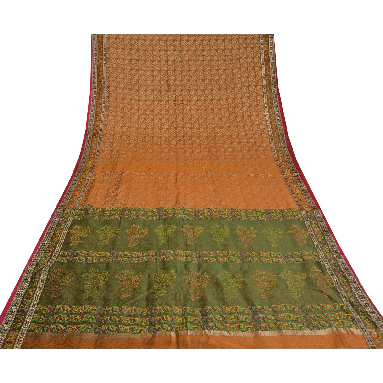 Sanskriti Vintage Orange/Green Sarees Pure Silk Woven Brocade Zari Sari Fabric