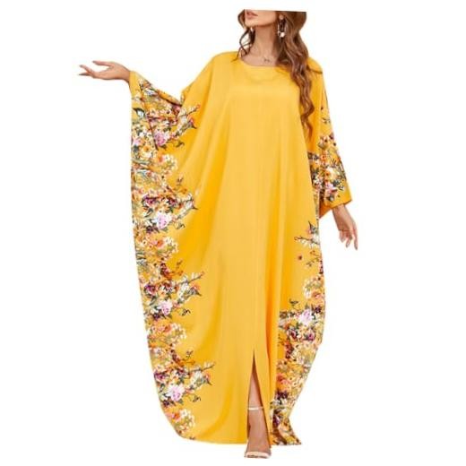 Muslim Abaya for Women Long Dresses Dubai Pendant Bat Sleeves One Size Yellow
