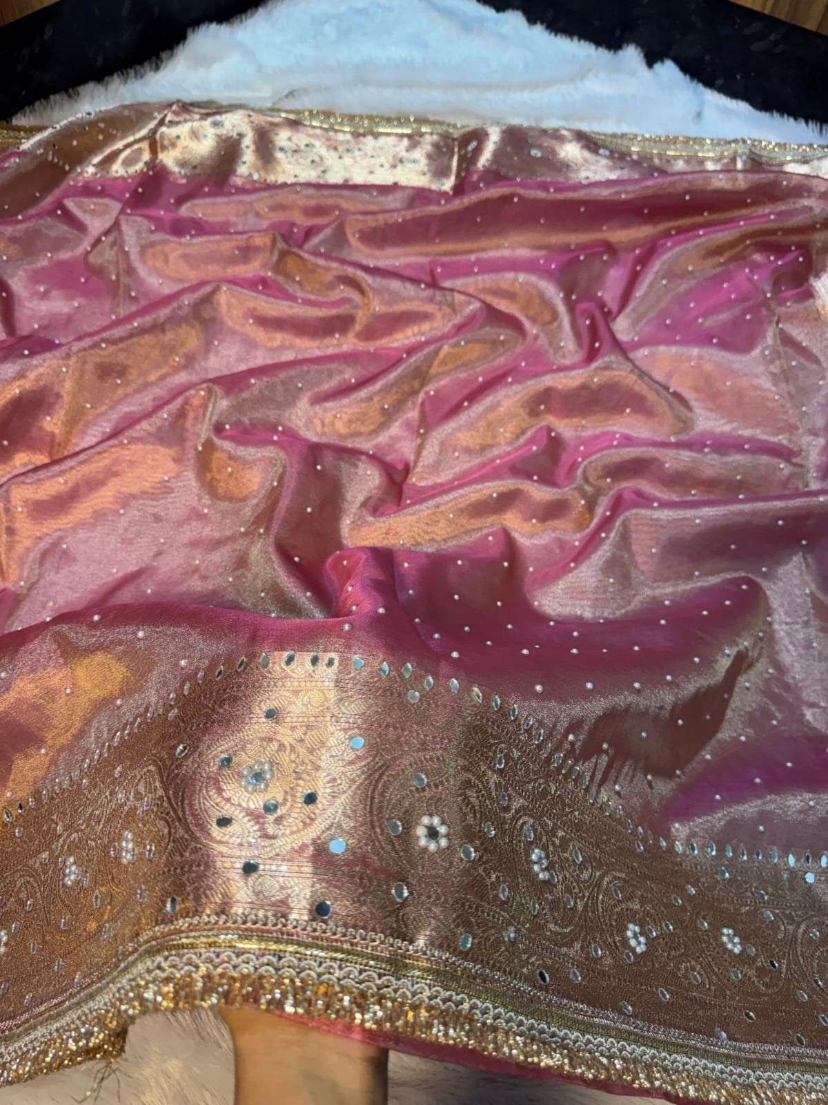 Premium Banarasi Soft Tissue Silk Saree | Mirror Work & Designer Lace Border