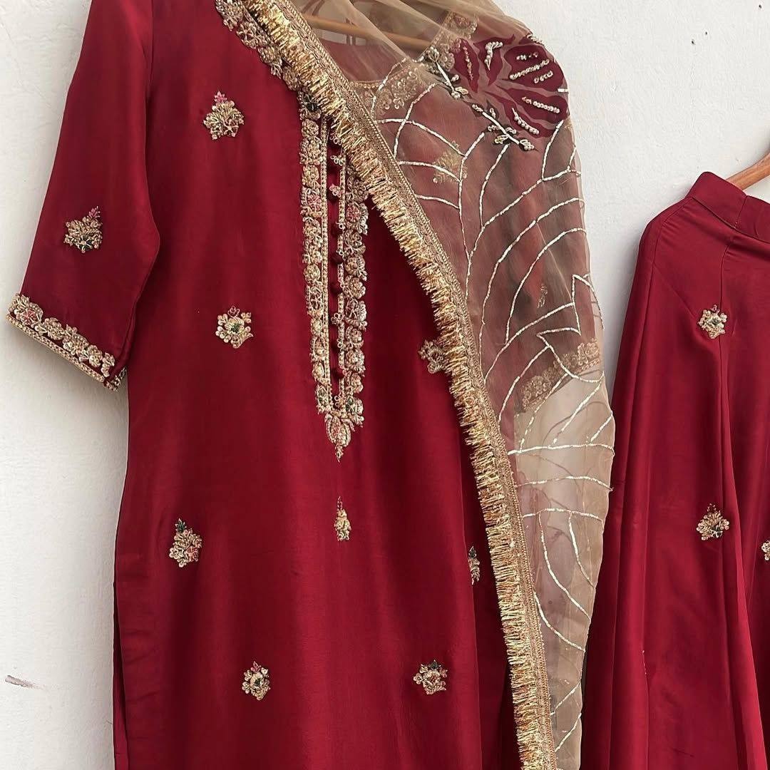 Designer Chinon Plazzo Suit Set Embroidery Sequence Wedding Ready M-XXL