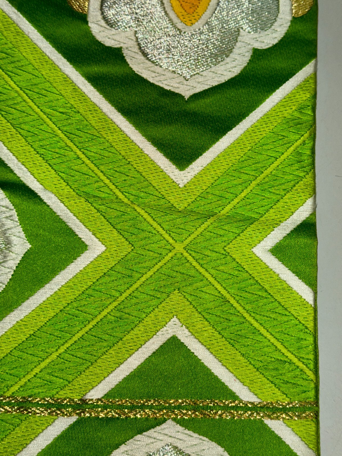 Japanese Vintage Kimono Fukuro Obi silk Green embroidery expensive 162.2×11.8in