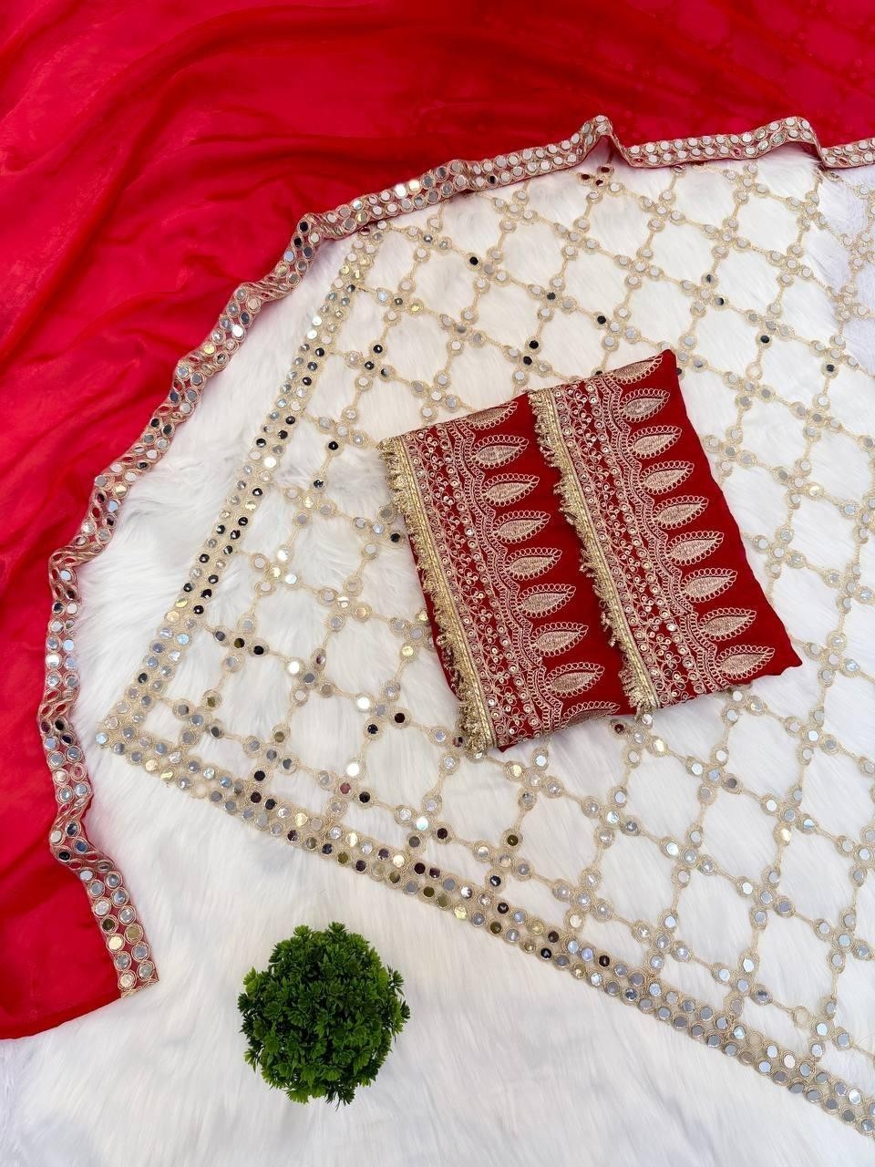 Designer Fendy Silk Red Color Saree with Mirror Work & Unstichhed Blouse