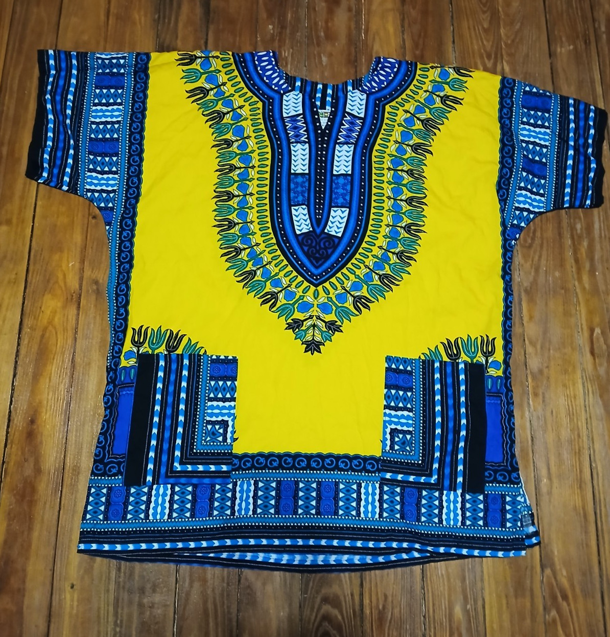 NF Dashiki shirt with front pockets Yellow/Blue 100% Cotton FREE SIZE