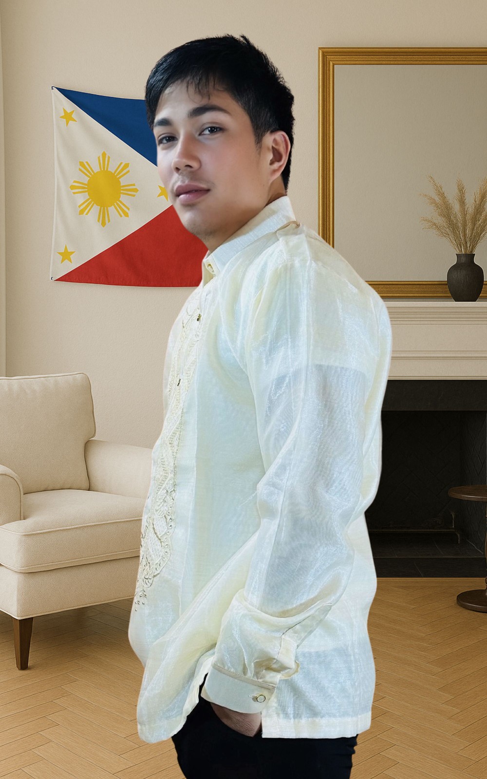 White Long Sleeve Organza Barong Tagalog