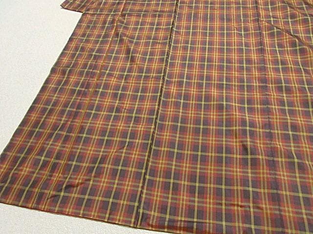 Kimono Tartan Check Silk Robe Size 9 Elegant Coffee Wine Ochre AllSeason Vintage