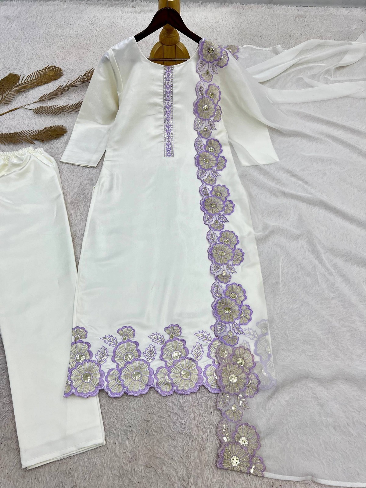 New Launch White Roman Glass Silk Salwar Kameez With Dupatta For Women