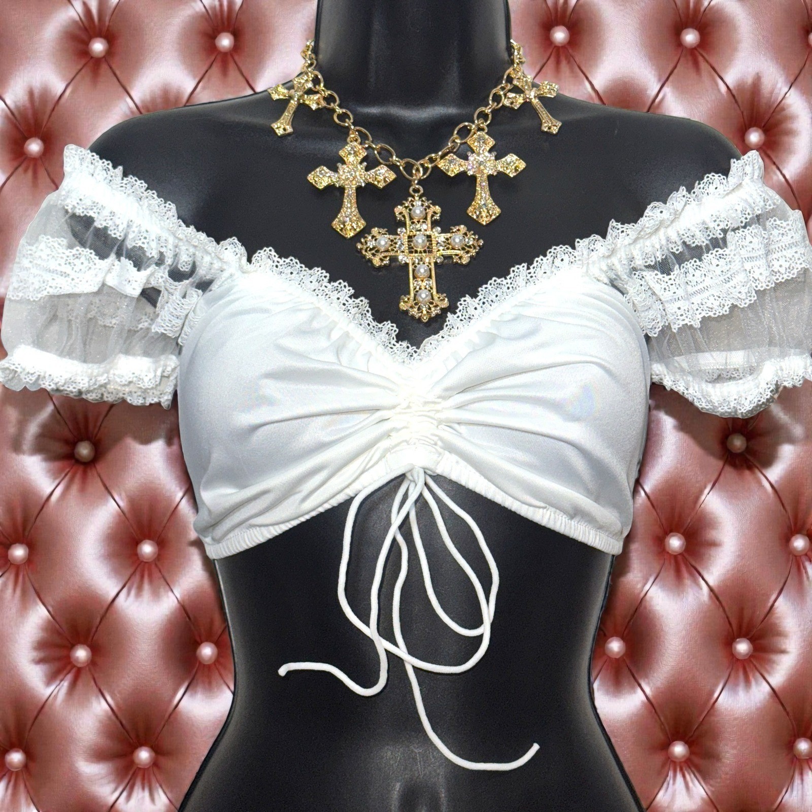 New White Small Ruched Off Shoulder Lace Trim Crop Top Dirndl Blouse Oktoberfest