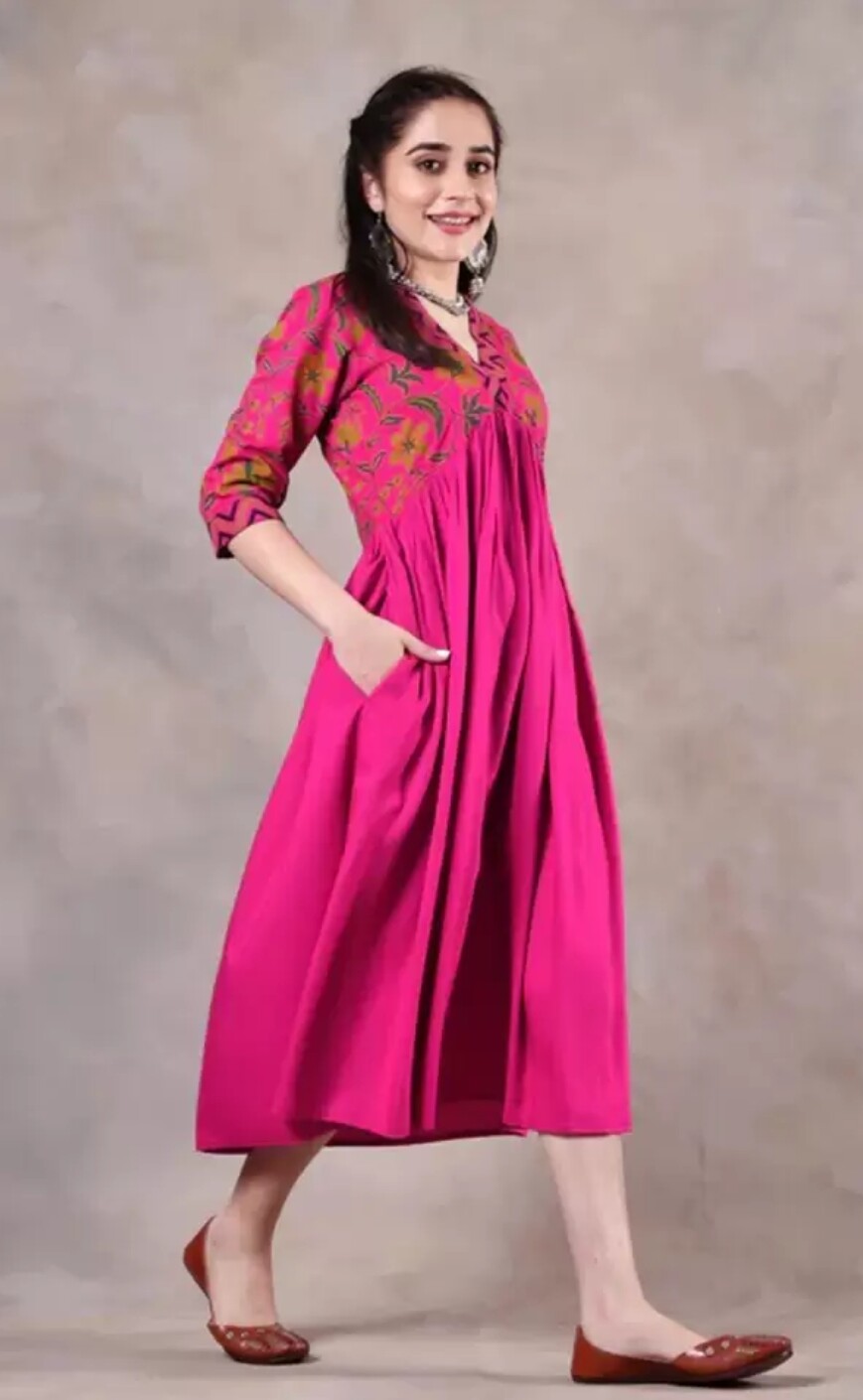 Women Party wear; Pink Floral Printed Fit & Flared A-line Maxi Dress