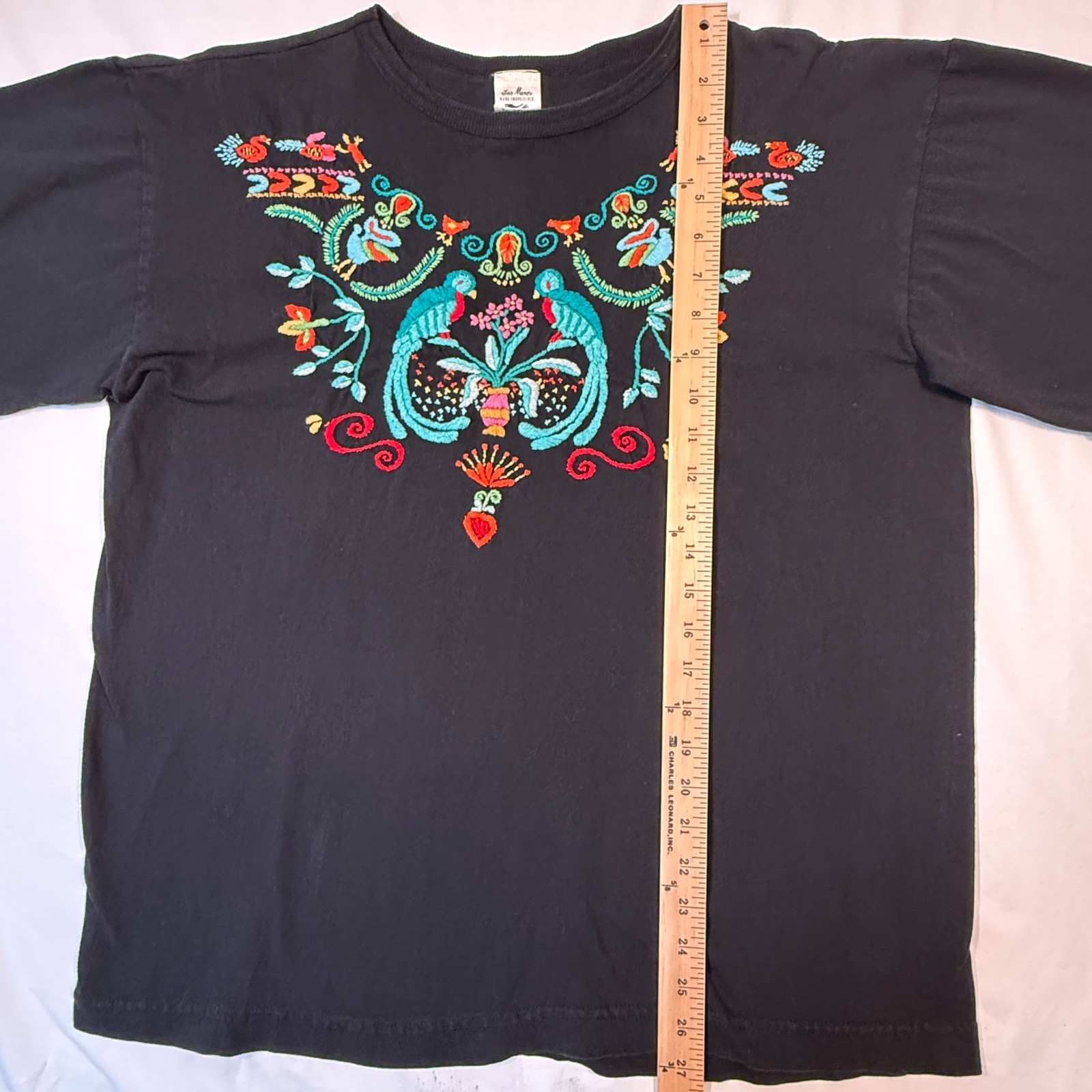 Guatemalan Sz XL (Women) Sz L (Men) Embroidered Black T-shirt Bird Folk Art Tee