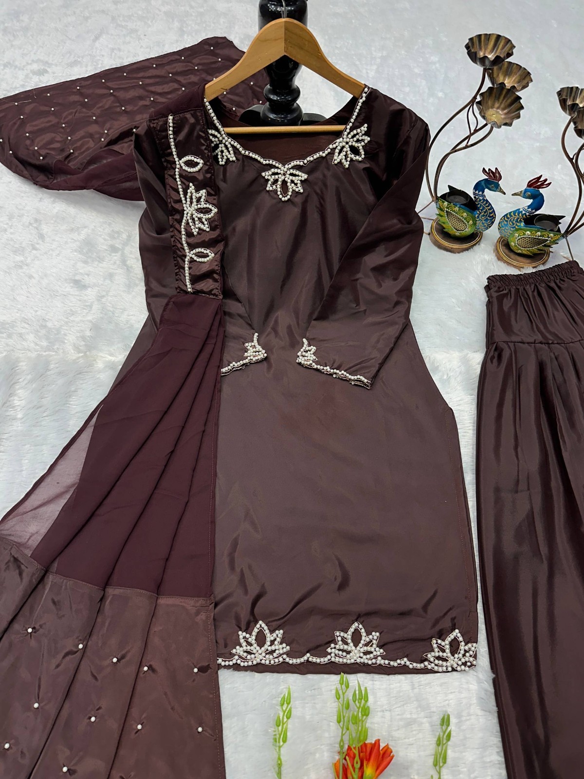 Stylish Look Natural Crap Brown Top Bottom With Dupatta For Traditional Wear