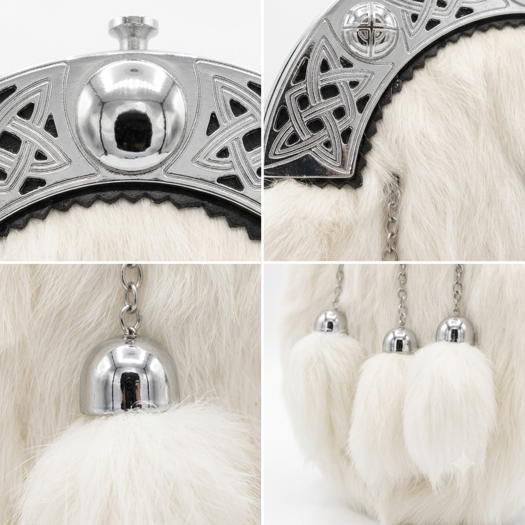 Highland Dress Kilt Sporran Pure White Fur Silver Celtic Cantle Formal Pouch