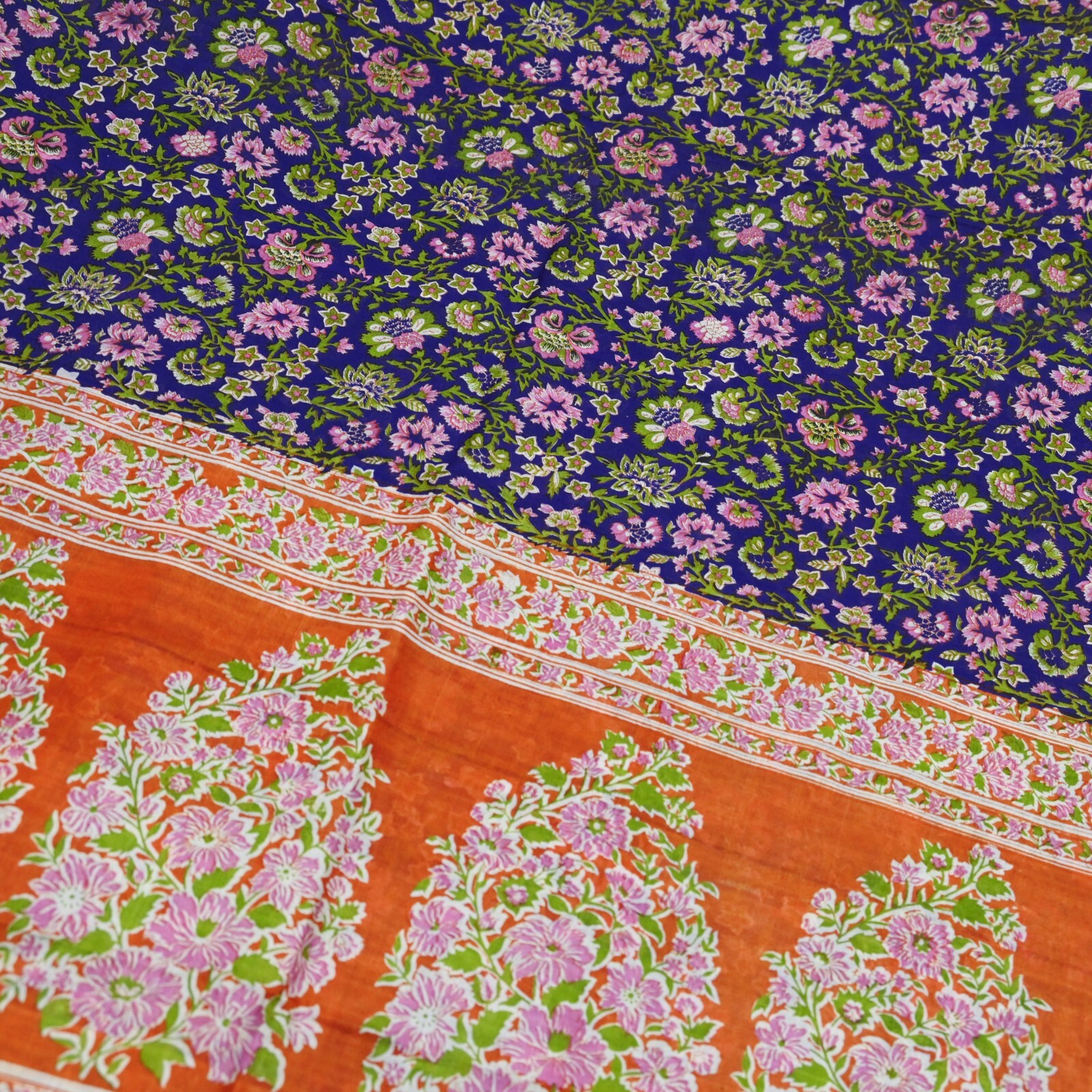 Vintage Sari Orange & Purple Printed Pure Silk Sarees Craft Fabric 5yd Sewing