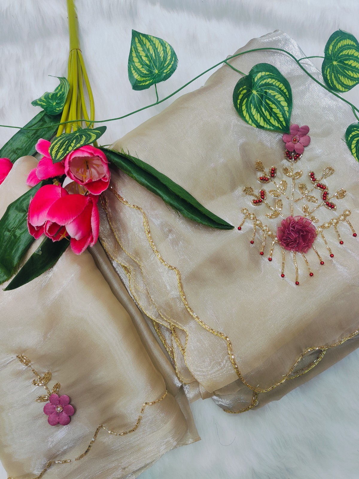 Bollywood Beige Saree Handwork Pearl Embroidery Party Wear Indian Sari