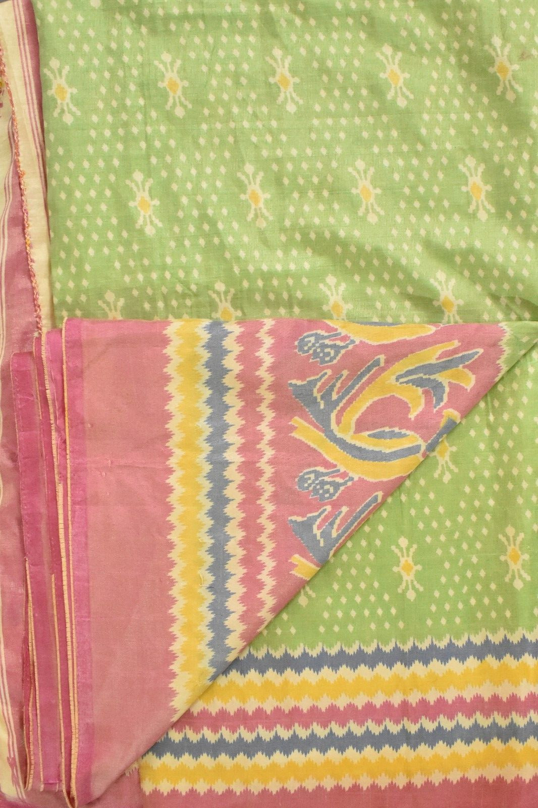 FNC Vintage Green Sambalpuri Ikat Sarees Handwoven Art Silk Sari Fabric Antique