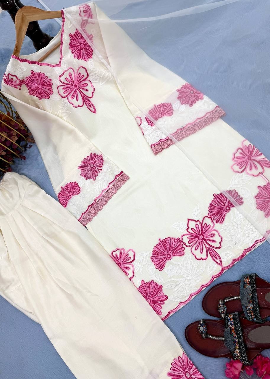 New Launching Pure Roman Glass White Top Bottom With Dupatta For Party Wear