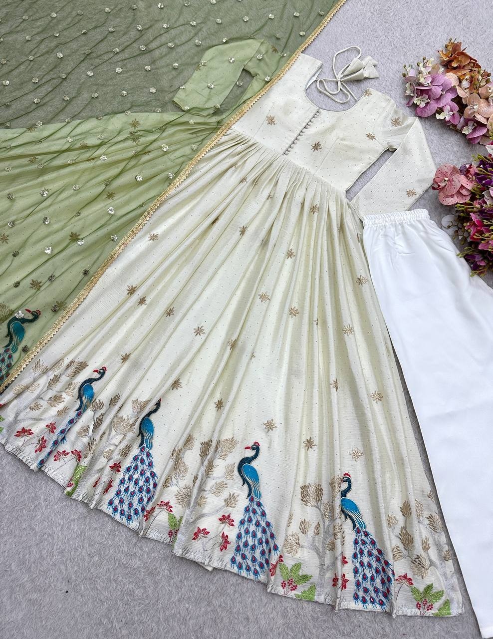 Off White Pure Dola Silk Gown Bottom With Dupatta For Indian Functional Wear