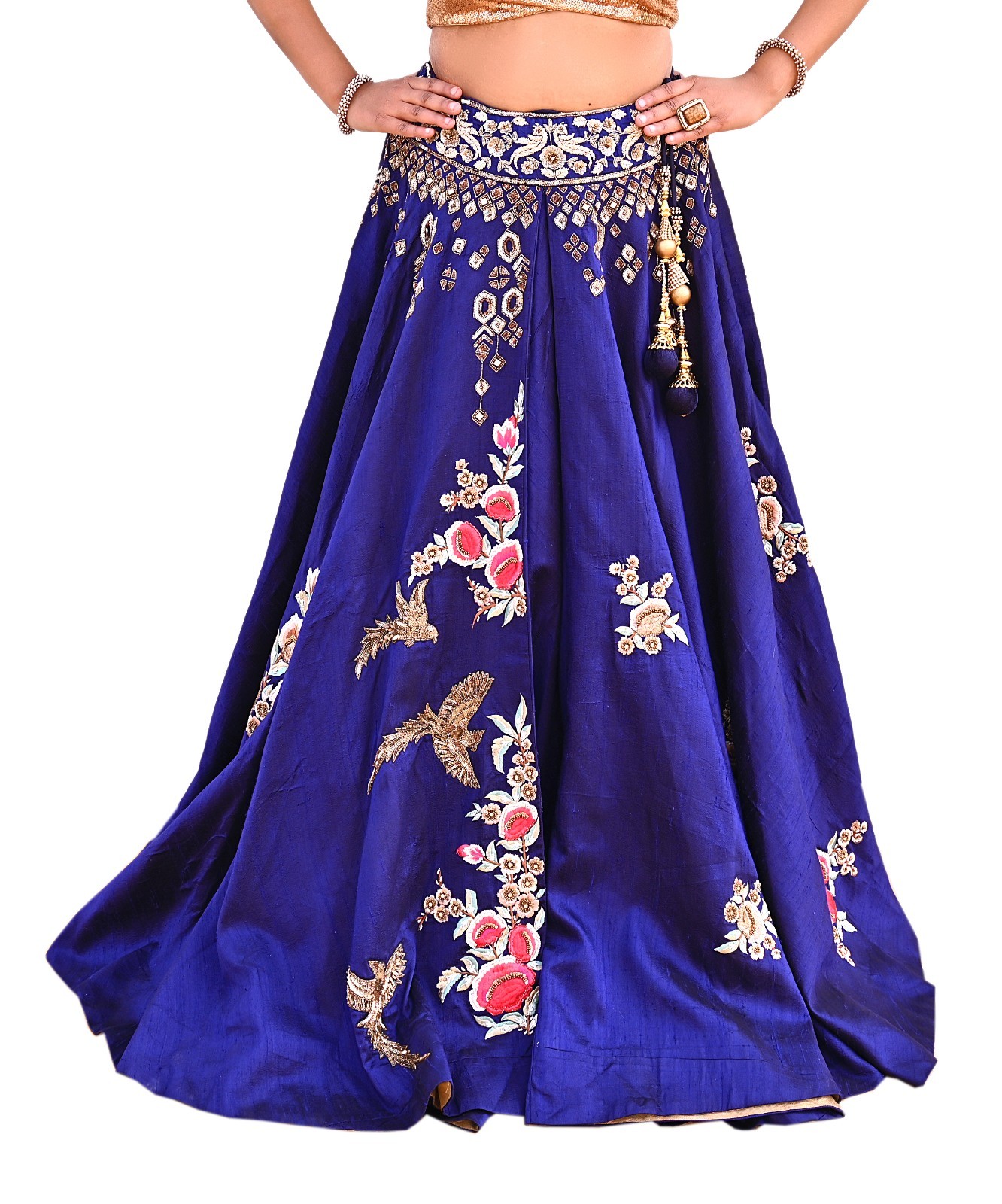 Deep Blue Raw Silk Heavy Hand Embroidered Anamika Khanna Bridal Lehenga 2pcs Set