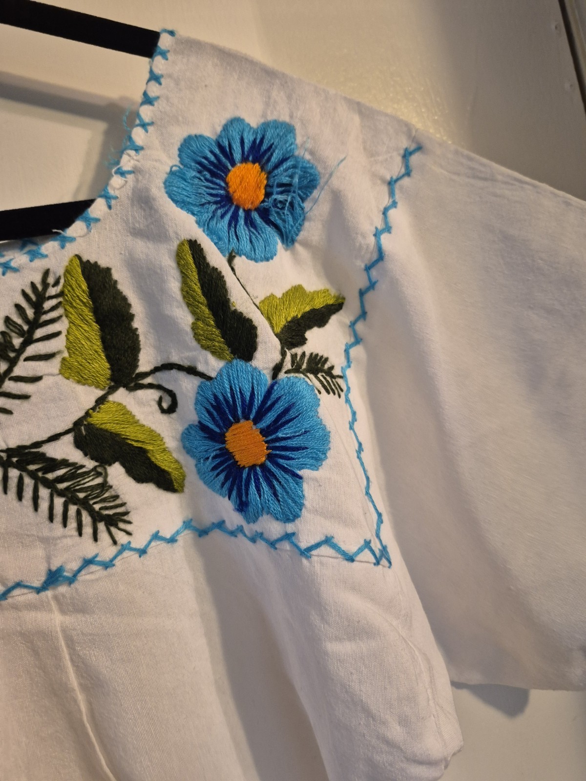 Handmade traditional puebla mexican embroidered White dress with blue floral.c1