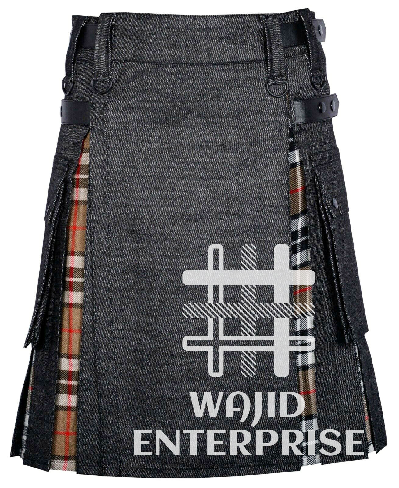 Scottish Men’s Handmade Camel Thompson tartan & Black Denim Hybrid Utility Kilts