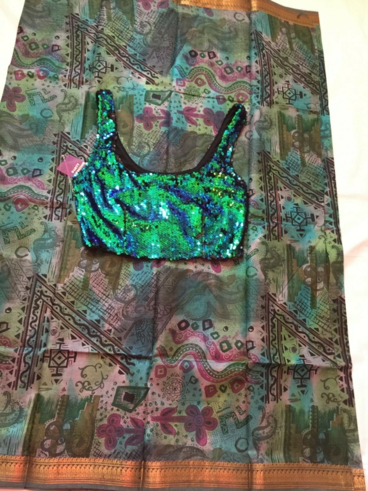 NWT 100% Pure Silk Green Abstract Print Saree Sari w Gold Zari Sequin Crop Top