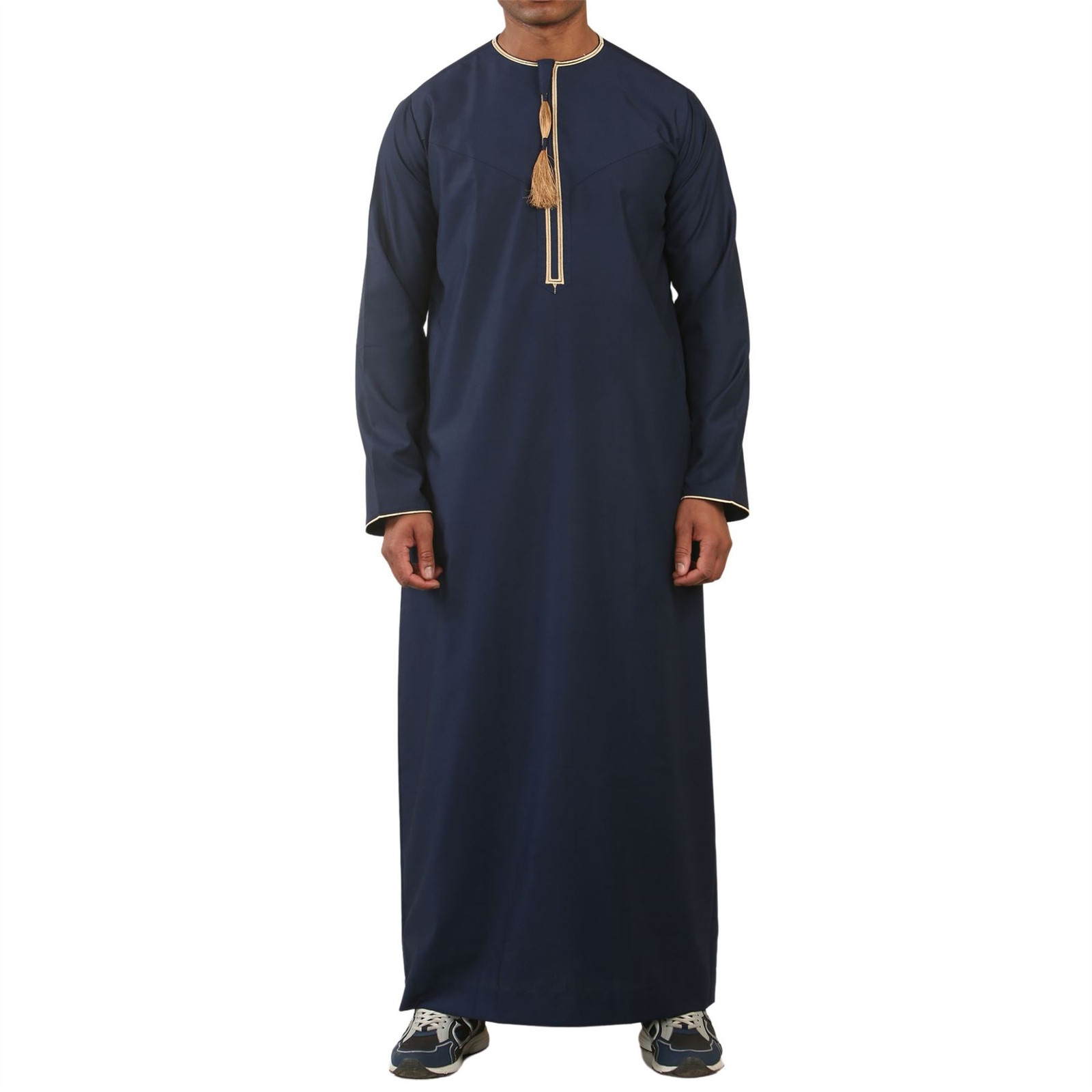 TT-003 – Men’s Navy Emirati Thobe Gold Tassel Embroidery