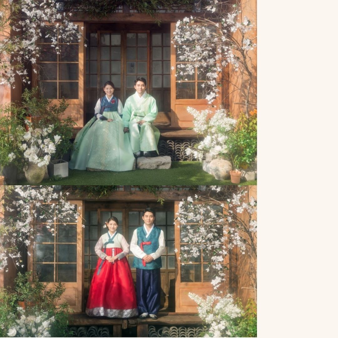 M Silk Traditional Korean Hanbok Set–Turquoise Blue Top/ Skirt with Floral Print