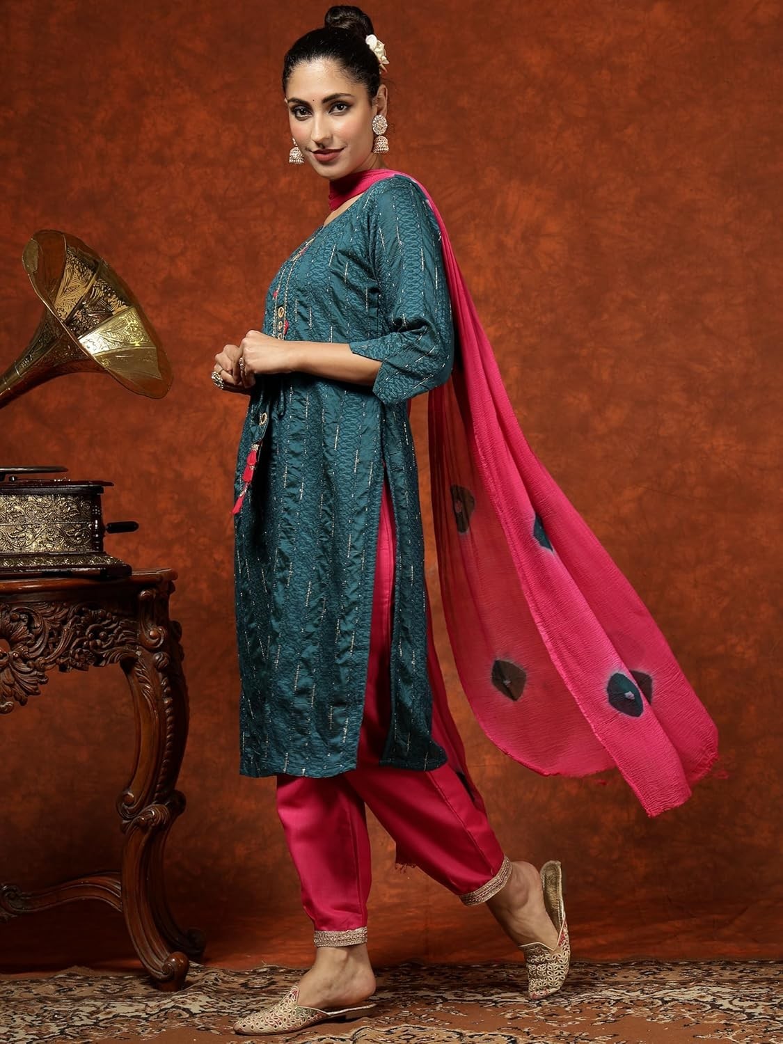 Women’s Chanderi Silk Woven Zari Mirror Work Stright Kurta Pant with Dupatta Set