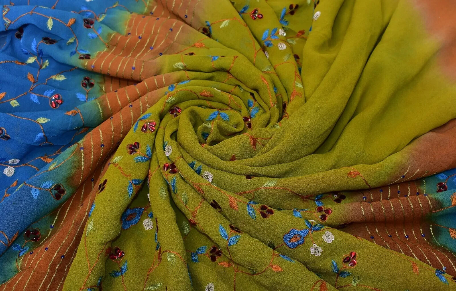 Vintage Blue & Green Silk Embroidered Sari Craft 5 Yard Fabric Dress Making