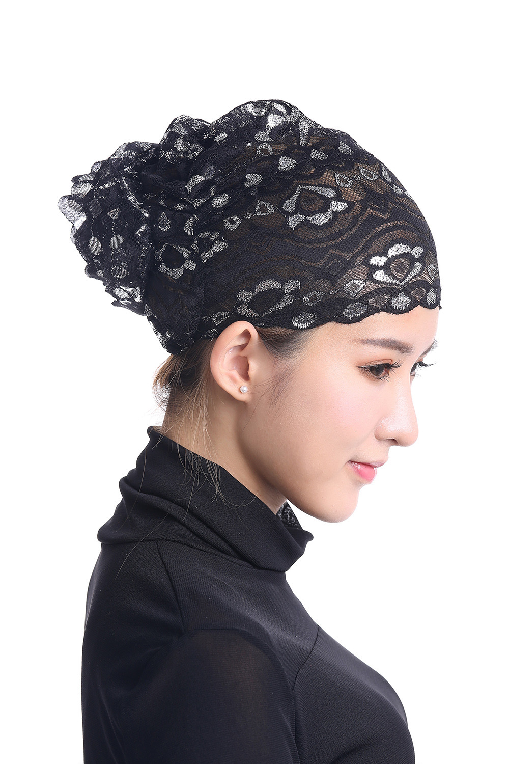 Muslim Womens Inner Hijab Cap Lace Flower Turban Headwear Islamic Headscarf Hats